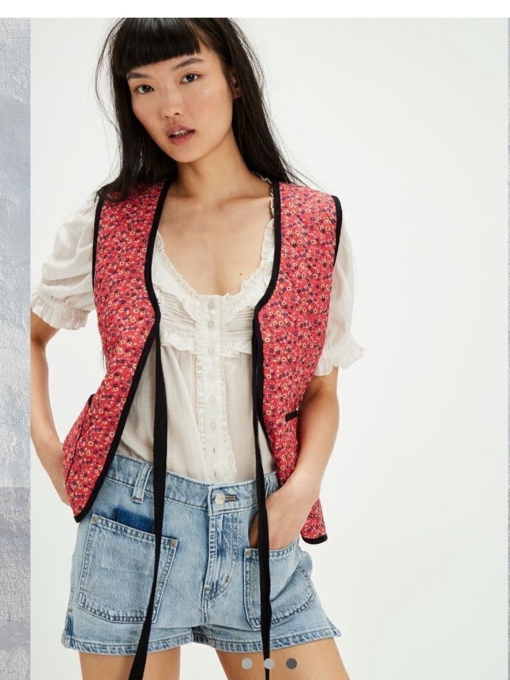 Free People red floral quilted vest with tie front
